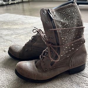 Aldo lace up rhinestone mid calf dark silver previously loved boots
